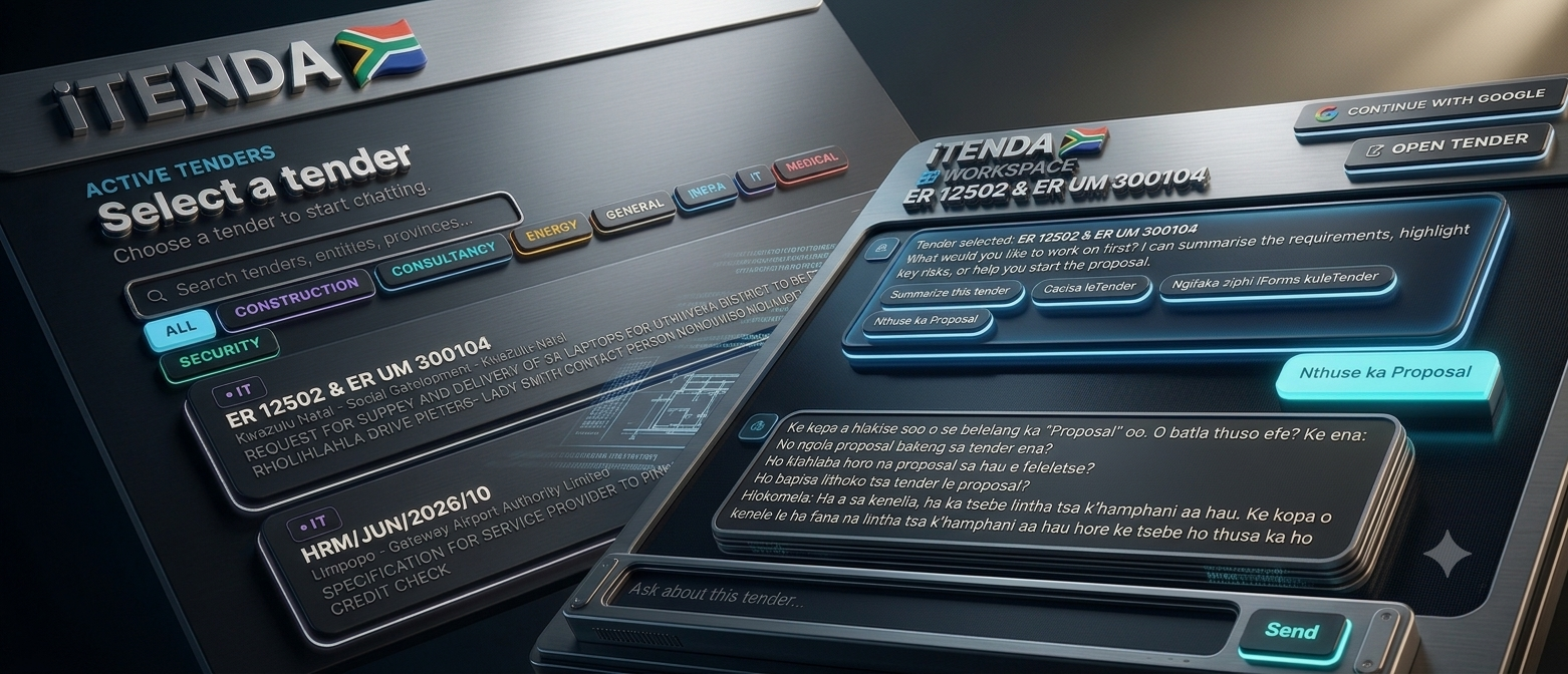 iTenda workspace showing a filterable list of active tenders by sector, and a chat panel summarizing a selected tender and drafting a proposal